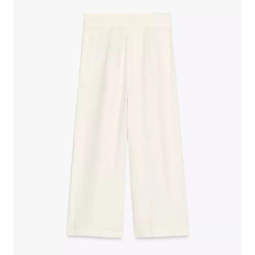 Zara Zw Collection 100% Linen Wide Leg Cream Cropped Pleated Pants Sz-L